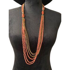 Handmade Multi-Strand Beaded Necklace With Coral & Gold Accents Boho Chic Statem
